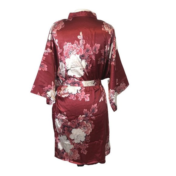 Asian-inspired Floral Kimono Robe Maroon Red w/Pink and White Flowers Womens OS - Picture 2 of 7